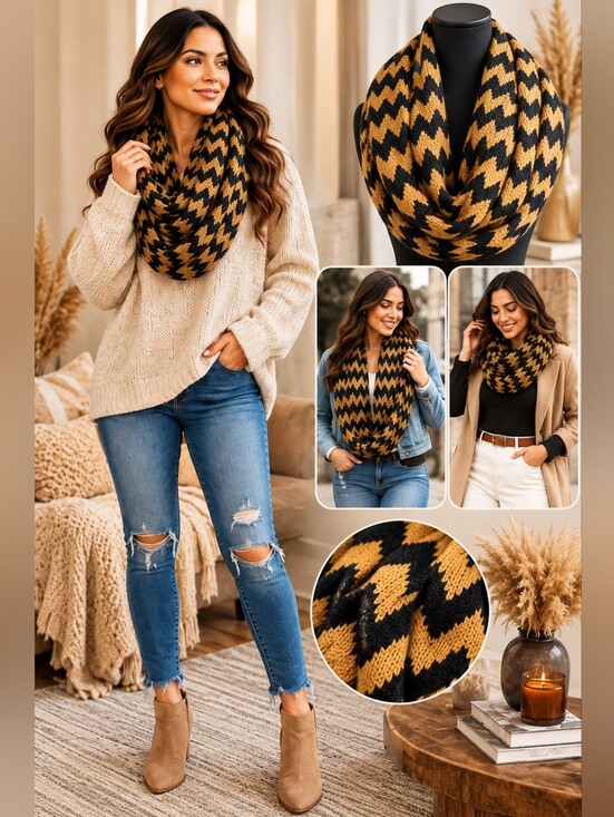 Accessories - Chevron Print Infinity Knit Scarf | Brown & Black Donut Loop Scarf | NIB
